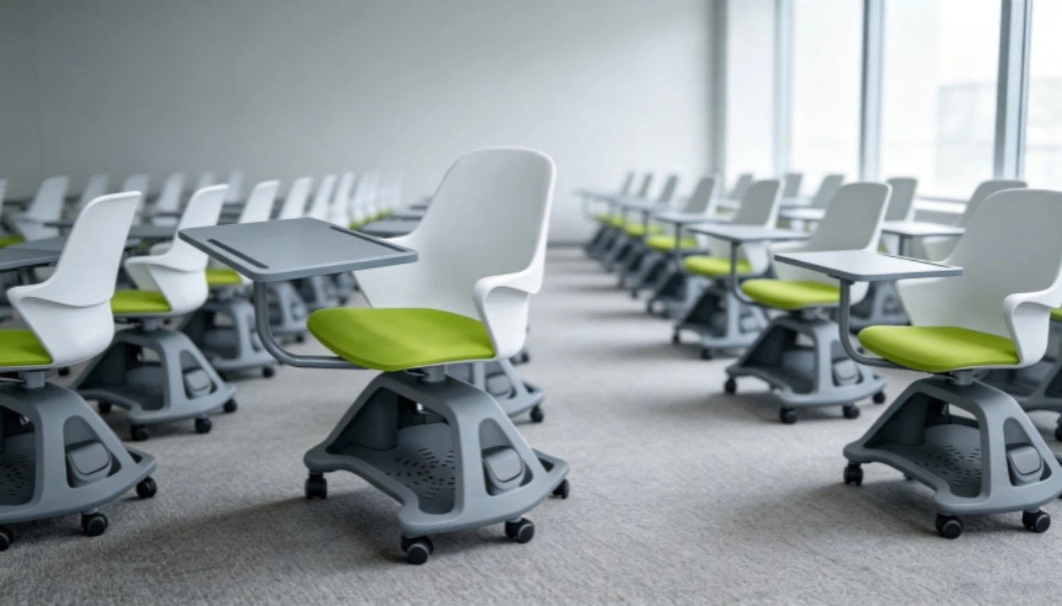 Modern conference chairs with integrated writing tablets, green seats, storage bases, and caster wheels in a training room Modern conference chairs with integrated writing tablets, green seats, storage bases, and caster wheels in a training room